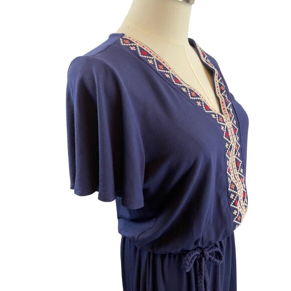 Small Tall Old Navy Navy Blue Knit Embroidered V-Neck Boho Dress - Picture 14 of 16